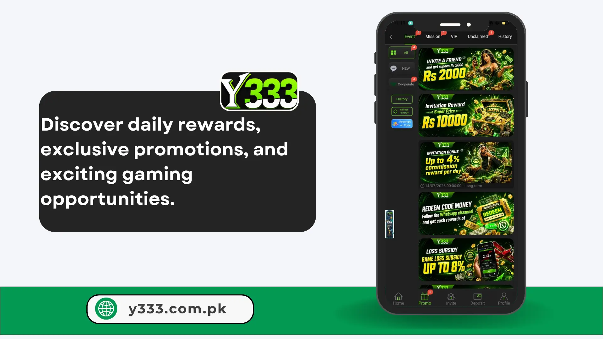Y333 Game daily rewards and special promotions.