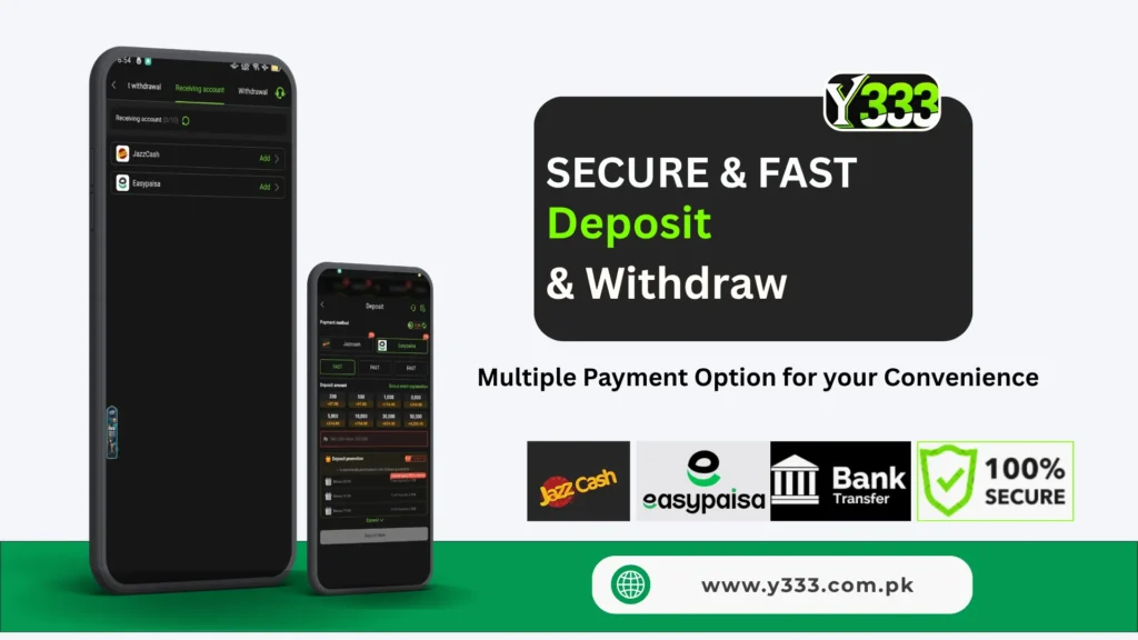 Y333 Game secure deposit and withdrawal options.