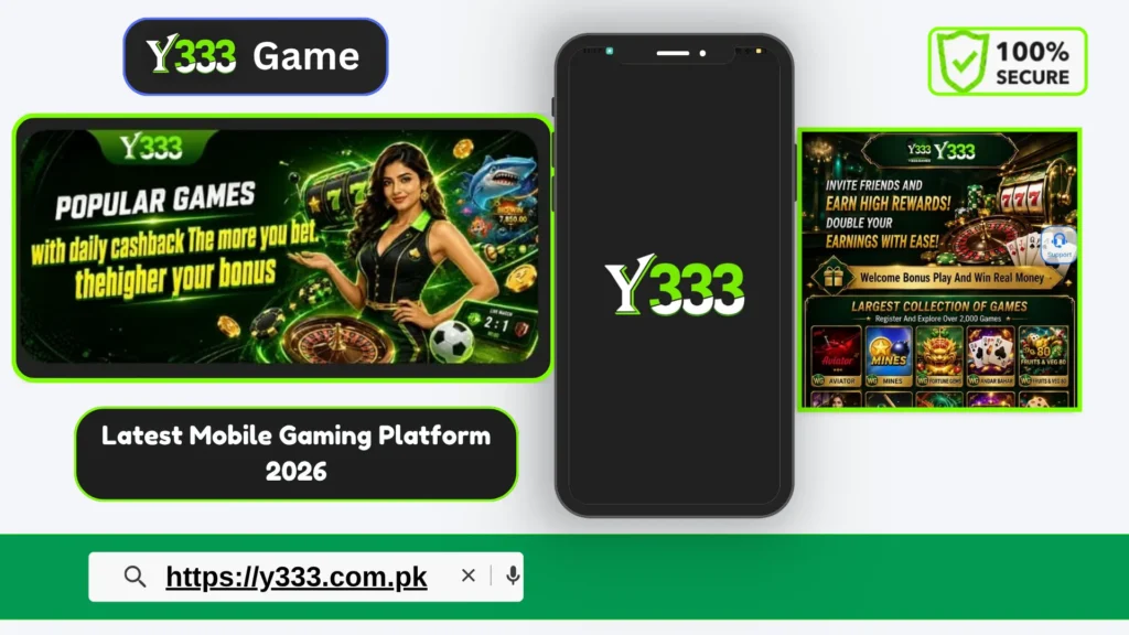 Y333 Game Pakistan homepage banner with popular mobile games.