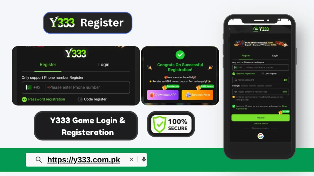 Y333 Game registration page for new users.